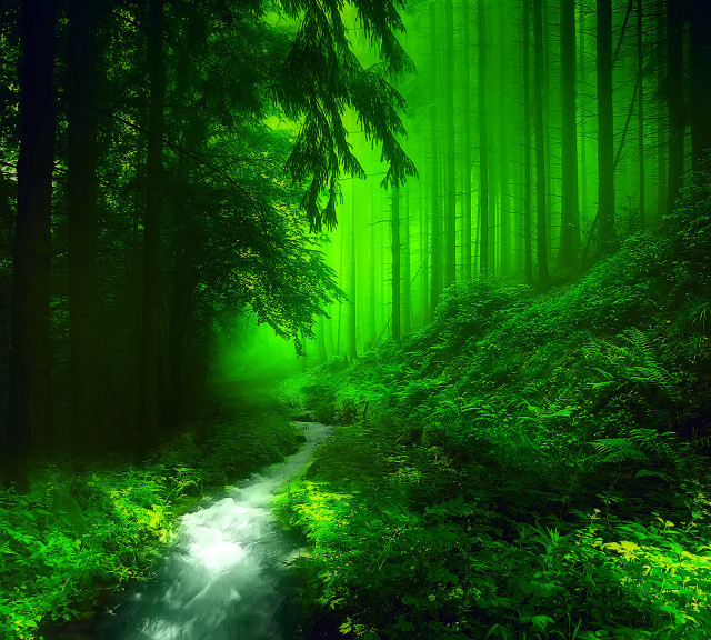Lush forest stream trees ferns free wallpaper for tablet - medium preview image