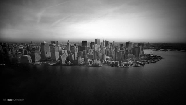 Black white city skyline water free wallpaper for desktop - medium preview image