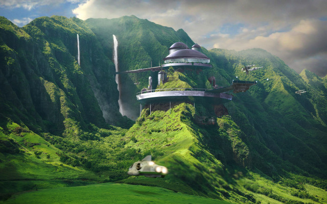 Futuristic building mountain waterfall horse free wallpaper for desktop - medium preview image