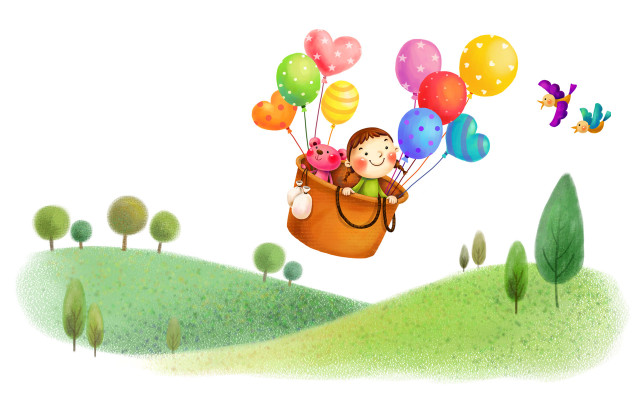 Girl flying basket balloons cat free wallpaper for desktop - medium preview image