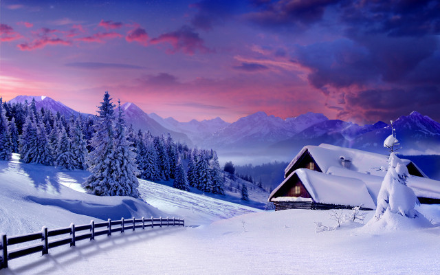 Snowy mountain cabin fence pink #3 free wallpaper for desktop - medium preview image