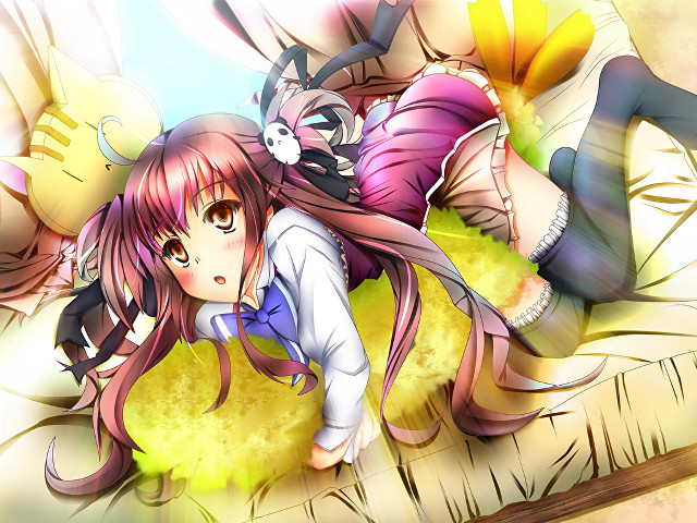 Girl cat bed relaxing shoulder free wallpaper for desktop - medium preview image