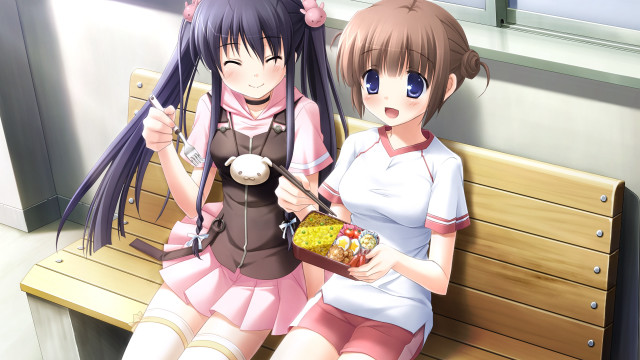 Anime girls bench eating food free wallpaper for desktop - medium preview image
