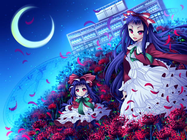 Anime girls field flowers building free wallpaper for desktop - medium preview image