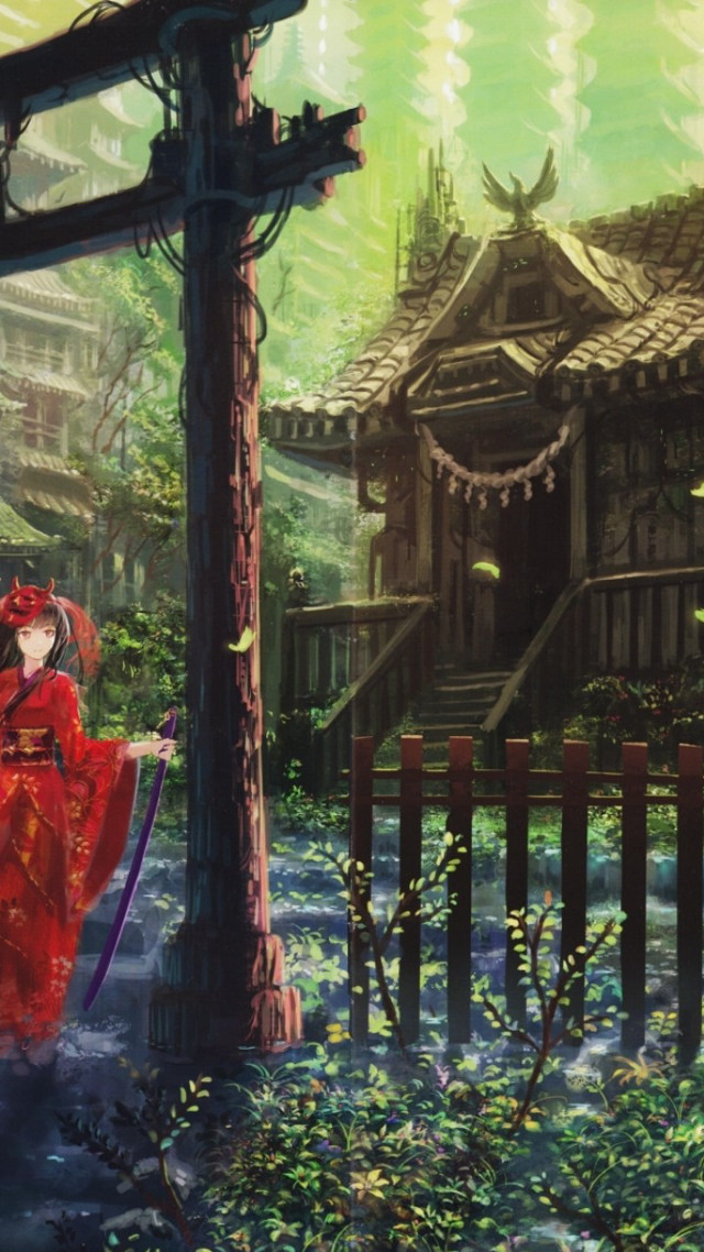 Woman red dress sword building free wallpaper for mobile - medium preview image