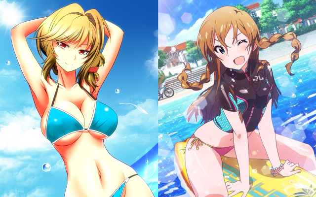 Anime girls bikinis surfboard water free wallpaper for desktop - medium preview image