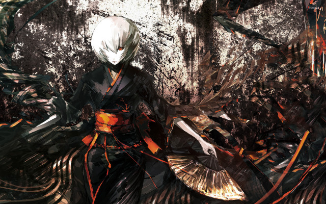 White hair black outfit bird free wallpaper for desktop - medium preview image