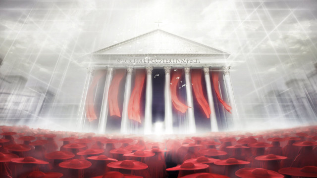 Building columns red flags sky free wallpaper for desktop - medium preview image