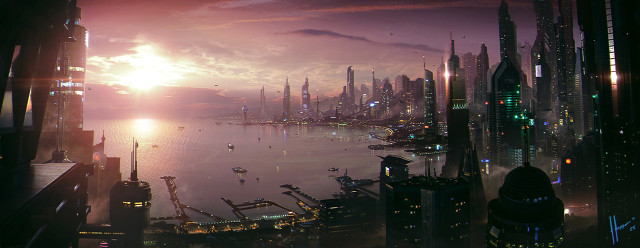 Futuristic city tall buildings sunset free wallpaper for desktop - medium preview image