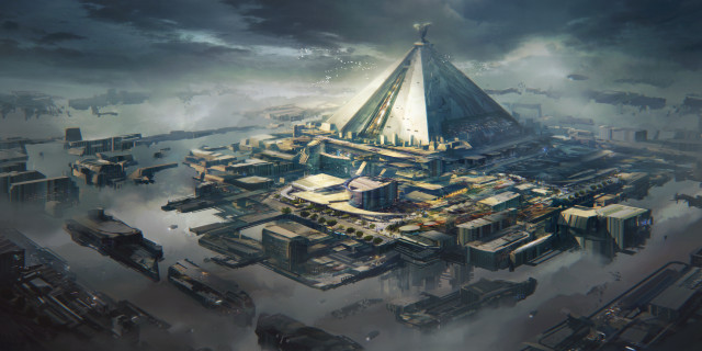 Futuristic city pyramid cloudy sky free wallpaper for desktop - medium preview image