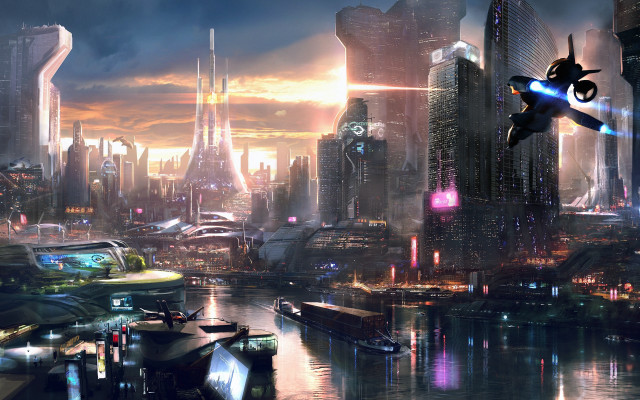 Futuristic city robot night skyline free wallpaper for desktop - medium preview image
