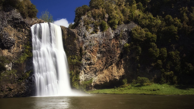 Waterfall lake boat cliff background free wallpaper for desktop - medium preview image