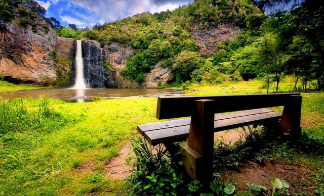 Bench waterfall lake forest garden free wallpaper for desktop - medium preview image