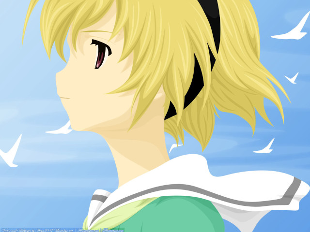 Blonde anime girl green shirt free wallpaper for desktop - medium preview image