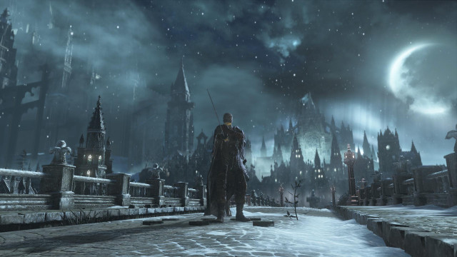 Man snowy street city night free wallpaper for desktop - medium preview image