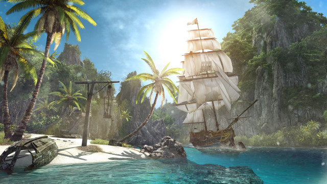Pirate ship tropical island palm free wallpaper for desktop - medium preview image