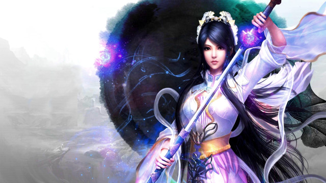 Woman white dress sword purple #4 free wallpaper for desktop - medium preview image