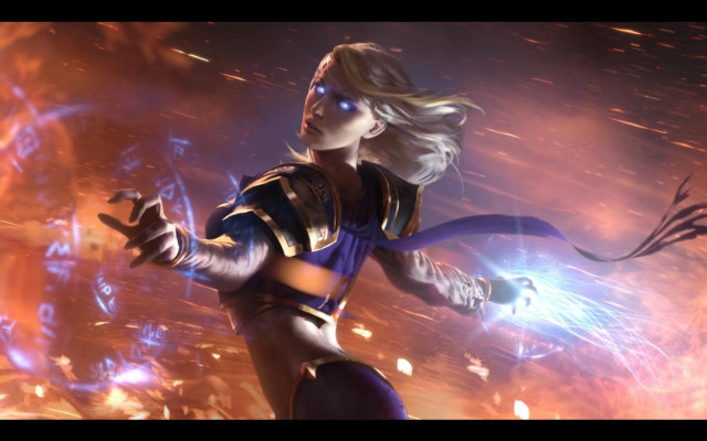 Woman blue outfit sword flame free wallpaper for desktop - medium preview image