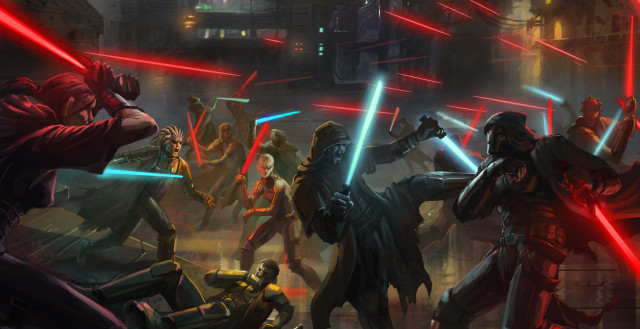 Star wars characters fighting lightsabers free wallpaper for desktop - medium preview image