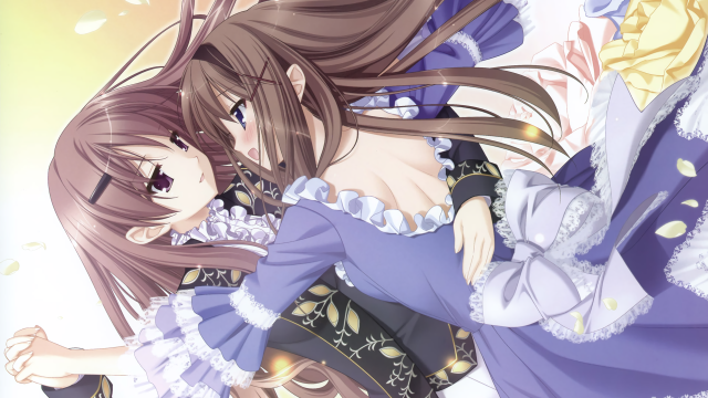 Anime girls hugging yellow background #2 free wallpaper for desktop - medium preview image