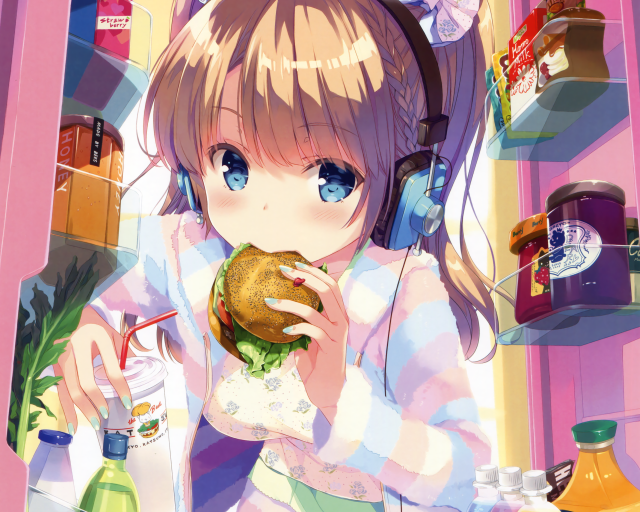 Girl headphones eating burger kitchen free wallpaper for desktop - medium preview image