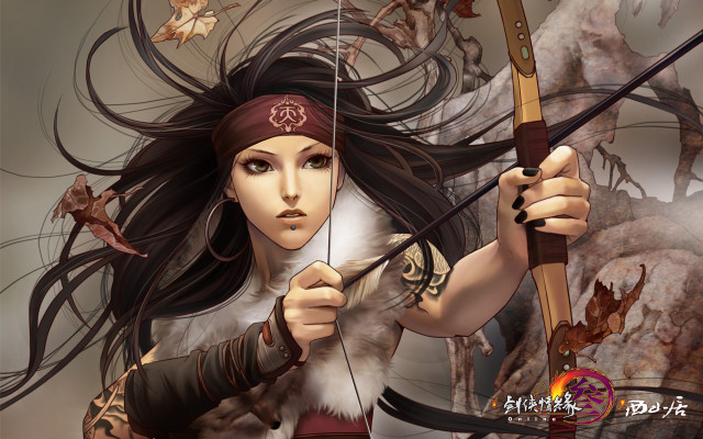 Woman holding bow arrow leaves free wallpaper for desktop - medium preview image