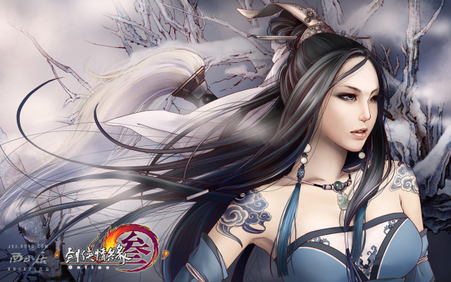 Woman dragon shoulder snowy trees free wallpaper for desktop - medium preview image