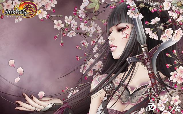 Woman sword flowers purple gothic free wallpaper for desktop - medium preview image