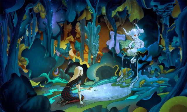 Woman kneeling forest cat lap free wallpaper for desktop - medium preview image