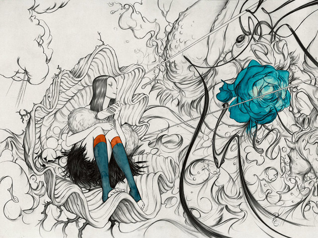 Woman blue rose hand drawing free wallpaper for desktop - medium preview image