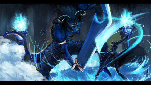 Demon sword blue fire glowing free wallpaper for desktop - medium preview image