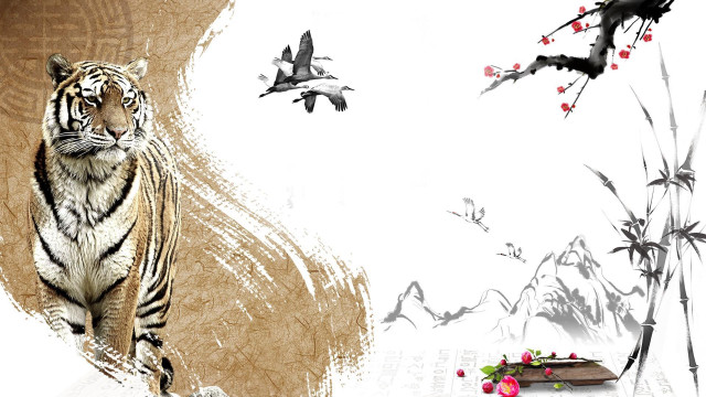 Tiger walking painting birds flowers free wallpaper for desktop - medium preview image