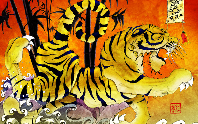 Tiger dragon red background painting free wallpaper for desktop - medium preview image