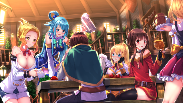 Anime girls restaurant table man #2 free wallpaper for desktop - medium preview image