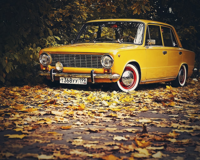 Yellow car parked leaves trees free wallpaper for desktop - medium preview image