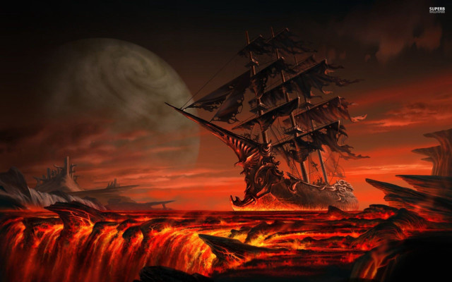 Ship ocean volcano boat painting free wallpaper for desktop - medium preview image