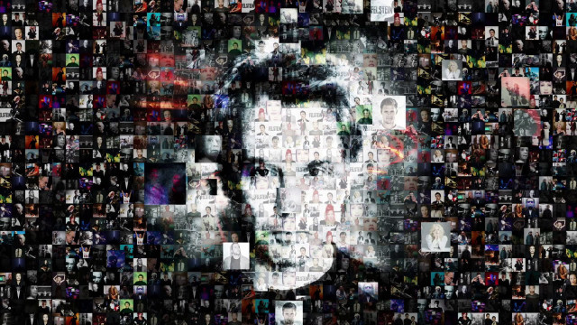 Man surrounded faces photos different free wallpaper for desktop - medium preview image
