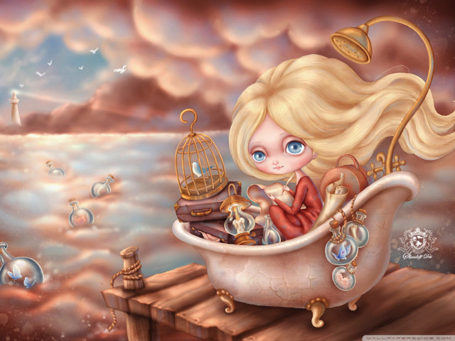 Blonde girl bathtub bird cage free wallpaper for desktop - medium preview image
