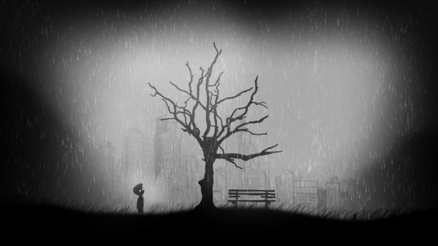 Person standing tree rain bench free wallpaper for desktop - medium preview image