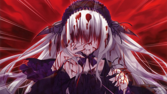 Woman white hair blood face #2 free wallpaper for desktop - medium preview image