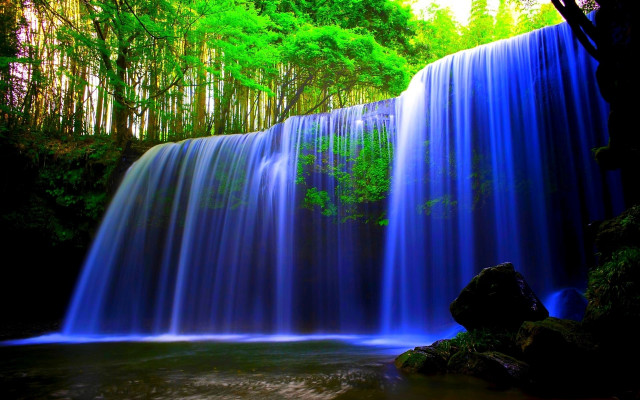 Waterfall blue water trees forest free wallpaper for desktop - medium preview image
