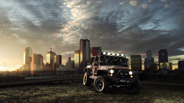 Jeep parked field city sunset free wallpaper for desktop - medium preview image