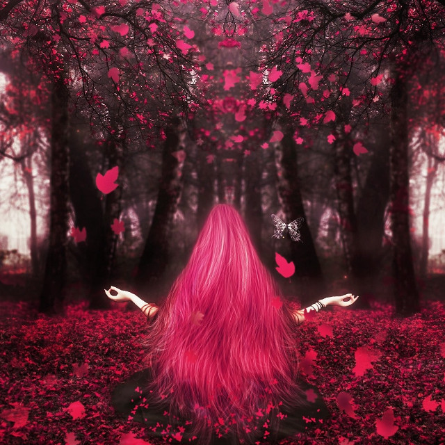 Woman pink hair forest butterflies free wallpaper for tablet - medium preview image