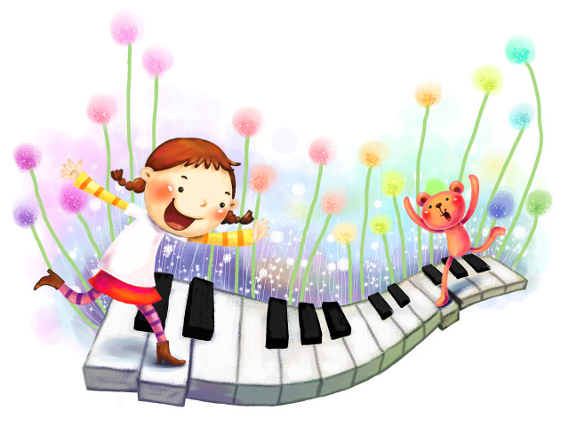 Girl playing piano cat keyboard free wallpaper for desktop - medium preview image