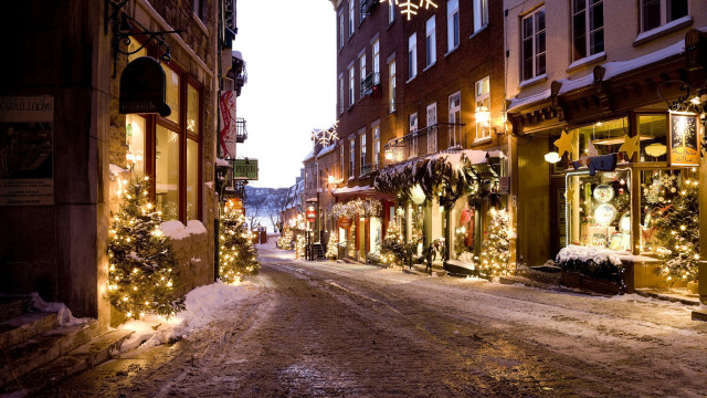 Christmas lights snowy street architecture free wallpaper for desktop - medium preview image