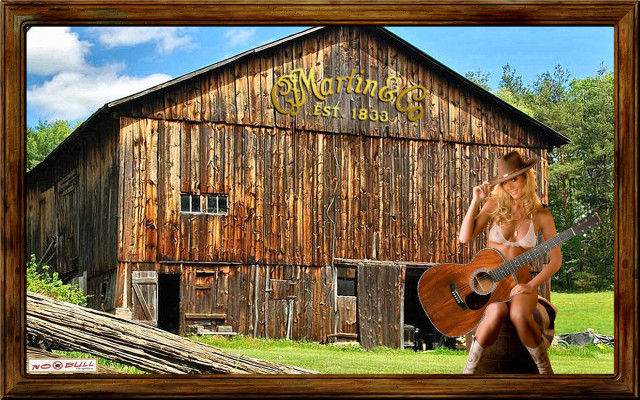 Woman guitar bench barn country free wallpaper for desktop - medium preview image