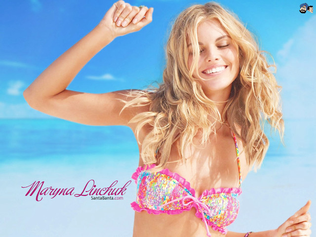 Beach bikini woman posing cheerful free wallpaper for desktop - medium preview image