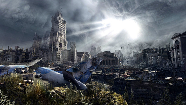 Destroyed city plane building sunburst free wallpaper for desktop - medium preview image