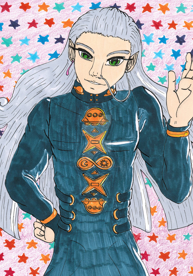 Woman whitehair greeneyes blueoutfit star free wallpaper for mobile - medium preview image