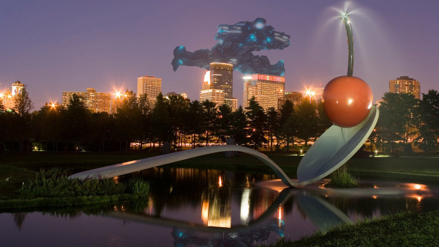 Giant orange ball metal sculpture free wallpaper for desktop - medium preview image
